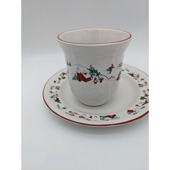 vintage Farberware White Christmas Snow Teacup And Saucer Coffee Mug set of 2 - Picture 6 of 9